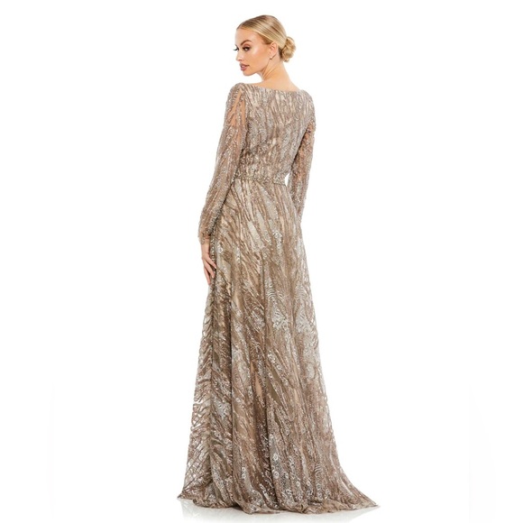 Mac Duggal Sequin Beaded Long Sleeve BATEAU A Line Gown Mocha Elegant Wedding